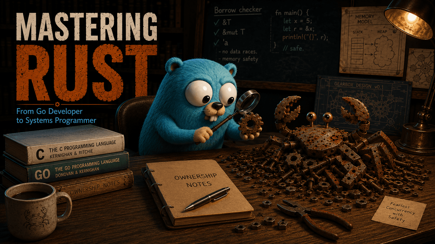 Mastering Rust, from Go developer to systems programmer. A blue Go gopher peers through a magnifying glass at a rusty mechanical crab built from gears and bolts, beside well-worn C and Go books and a notebook labelled Ownership Notes.
